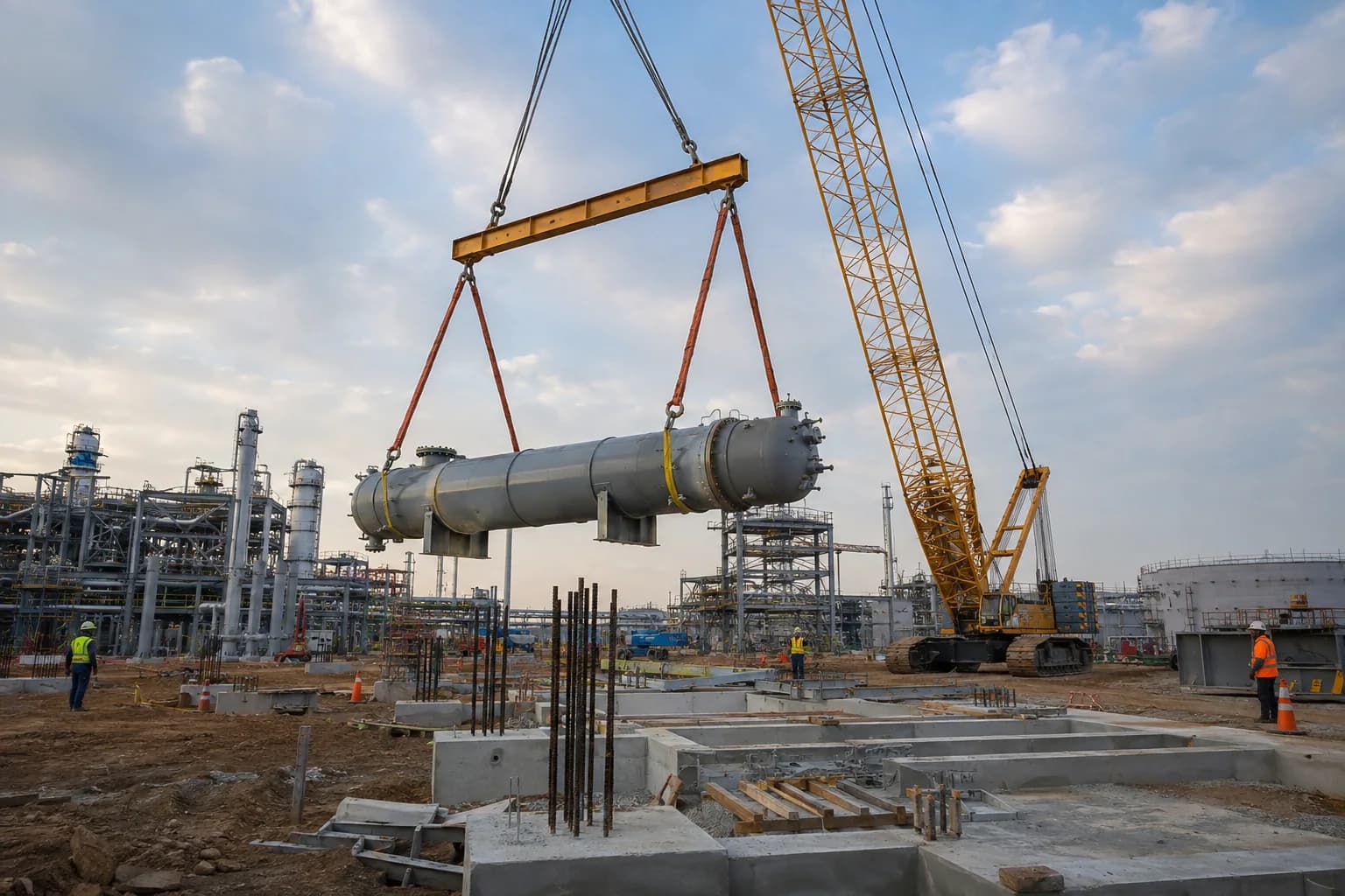 A crawler crane lifts a process vessel at an industrial construction site.