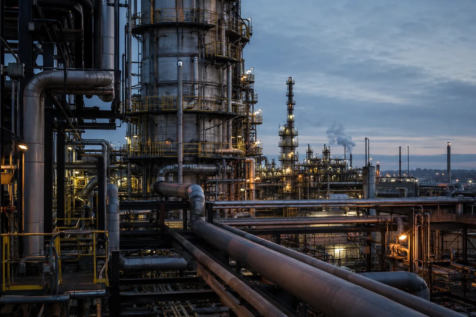 A working process and energy facility at blue hour.