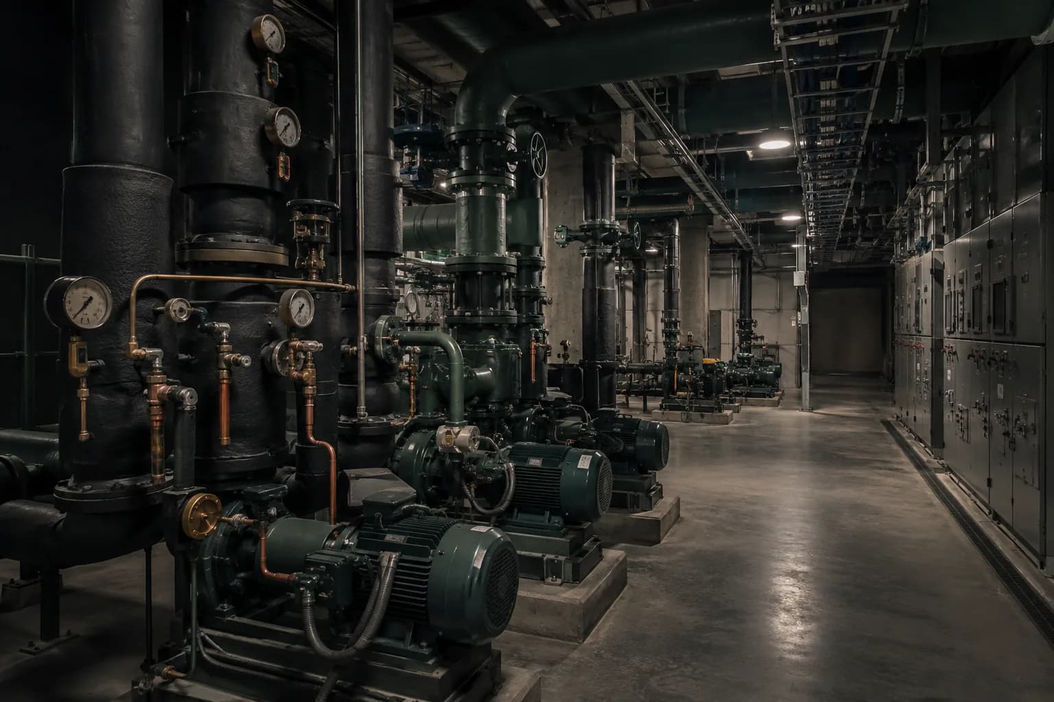 A critical-infrastructure mechanical room with pumps, piping, and pressure gauges.