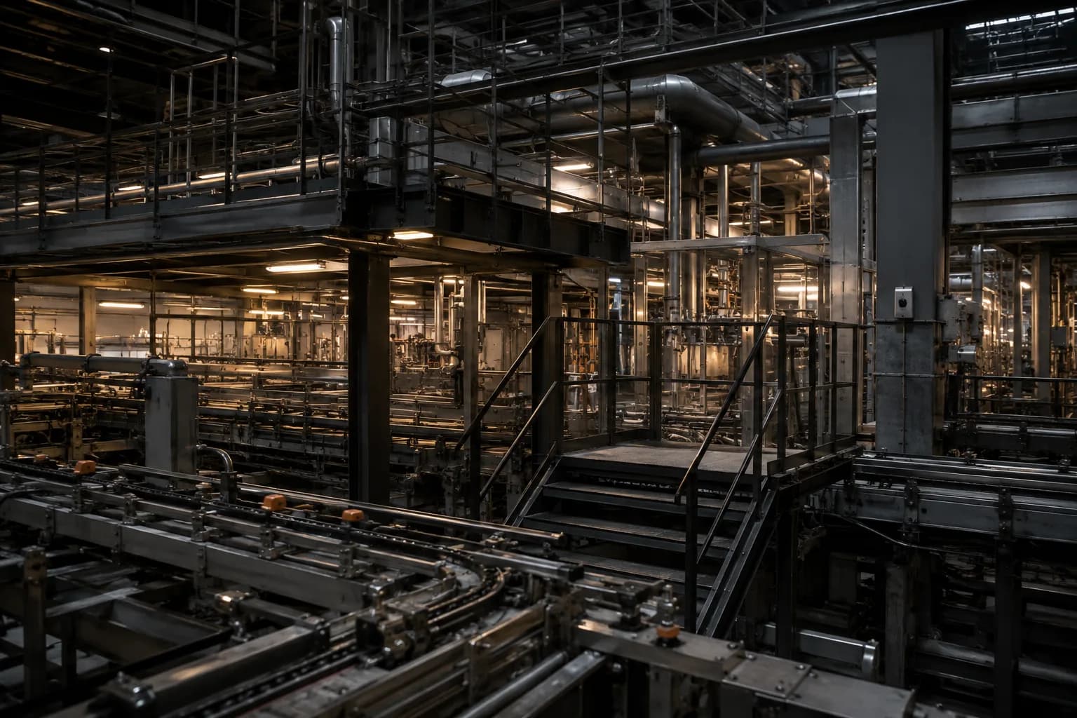 An interconnected industrial production environment with platforms and process equipment.